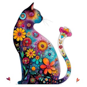 May include: A colorful cat illustration with a floral design. The cat is depicted in profile, with a body filled with various flowers in shades of yellow, orange, blue, and purple. The tail is also decorated with flowers.