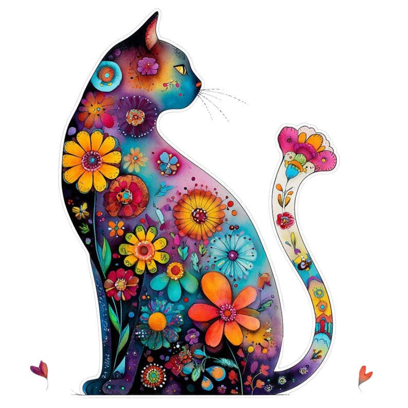 May include: A colorful cat illustration with a floral design. The cat is depicted in profile, with a body filled with various flowers in shades of yellow, orange, blue, and purple. The tail is also decorated with flowers.