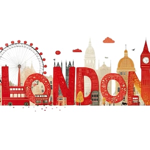 May include: A colorful illustration of London landmarks, including the London Eye, Big Ben, and double-decker buses. The word "LONDON" is spelled out in large, red letters, with the city's iconic buildings incorporated into the design.