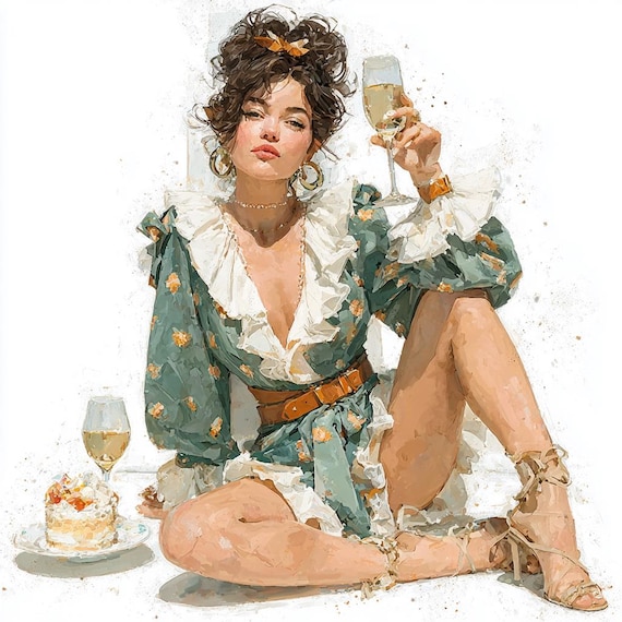 15 Watercolor Lifestyle Prints, Elegant Women with Wine and Cake, Chic Digital Art