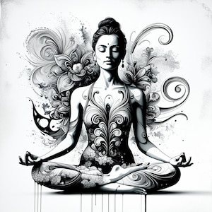 10 Lady Meditation Yoga Clipart - Florale Frau Lineart Zeichnungen, digitale Wandkunst, Malseiten, druckbare Meditationsdekoration