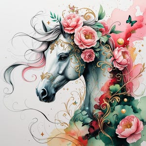 15 Watercolor Fantasy Horses Clip Art: Whimsical Junk Journal Kit (Digital Download)