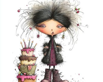 18 Whimsical Birthday Girl Clipart (JPG) : Dark Cake Illustrations for Digital Crafts