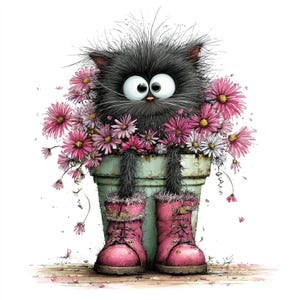 Puede incluir: Ilustración caprichosa de un gato negro con ojos grandes, sentado en una maceta verde llena de margaritas rosas y blancas. El gato lleva botas rosas, creando una escena encantadora y juguetona.