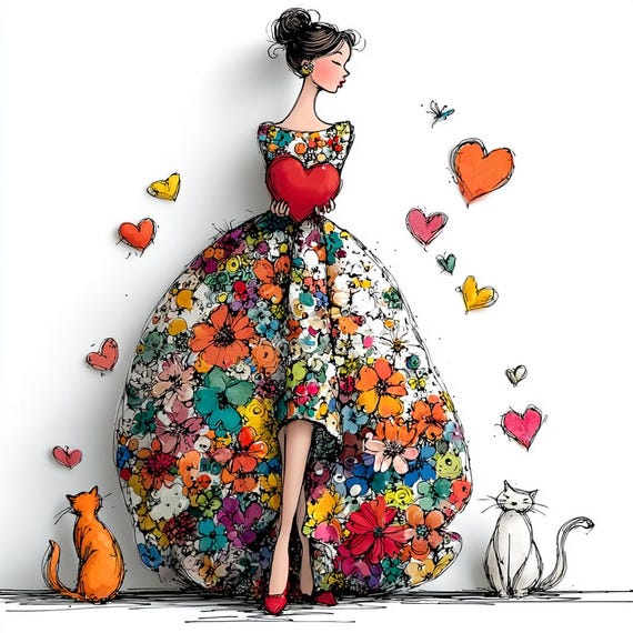 20 Valentine Woman Cats PNG Clipart, Whimsical Floral Love Illustration Set