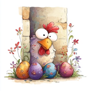 May include: A whimsical illustration of a cartoon chicken with large eyes, a red comb, and an orange beak, peeking from behind a stone wall. Colorful Easter eggs with floral patterns are in front of the chicken, with flowers and grass around them.