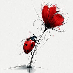 May include: A watercolor illustration of a red ladybug with black spots crawling on a thin stem, near a vibrant red flower. The artwork features a minimalist style with black ink outlines and splashes of red.