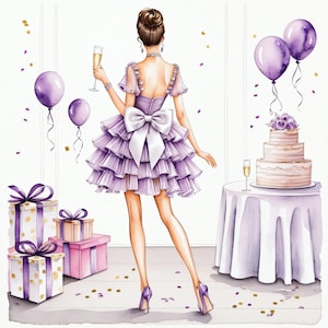 Festa de 15 anos de menina com clipart - Mulher floral para impressão em aquarela, Diários de artesanato em papel, Clipart de aniversário com balões e lavanda