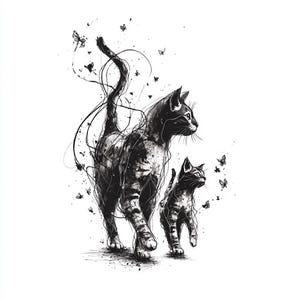 Conjunto de 15 imágenes prediseñadas de gatos / Dibujo lineal de gatito madre en tinta negra (descarga digital)