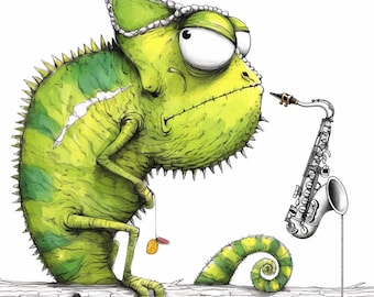 20 Music Chameleon Clipart, Watercolor Jazz Animal