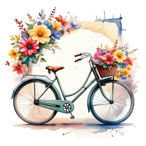 10 art mural vélo aquarelle, impression florale de vélo vintage, déco cyclisme artistique, illustration de fleurs colorées, affiche de décoration rustique