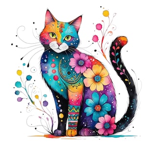 Può includere: Illustrazione ad acquerello di un gatto dai colori vivaci. Il gatto presenta un mix di colori, tra cui arancione, blu, giallo e viola, con motivi floreali e geometrici. Il gatto è seduto con la coda ricurva, su sfondo bianco.