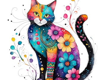 35 Folk Art Cat Illustrations , Whimsical Colorful Cats , Bohemian Animal Art , Creative Clipart for Junk Journaling , Scrapbooking
