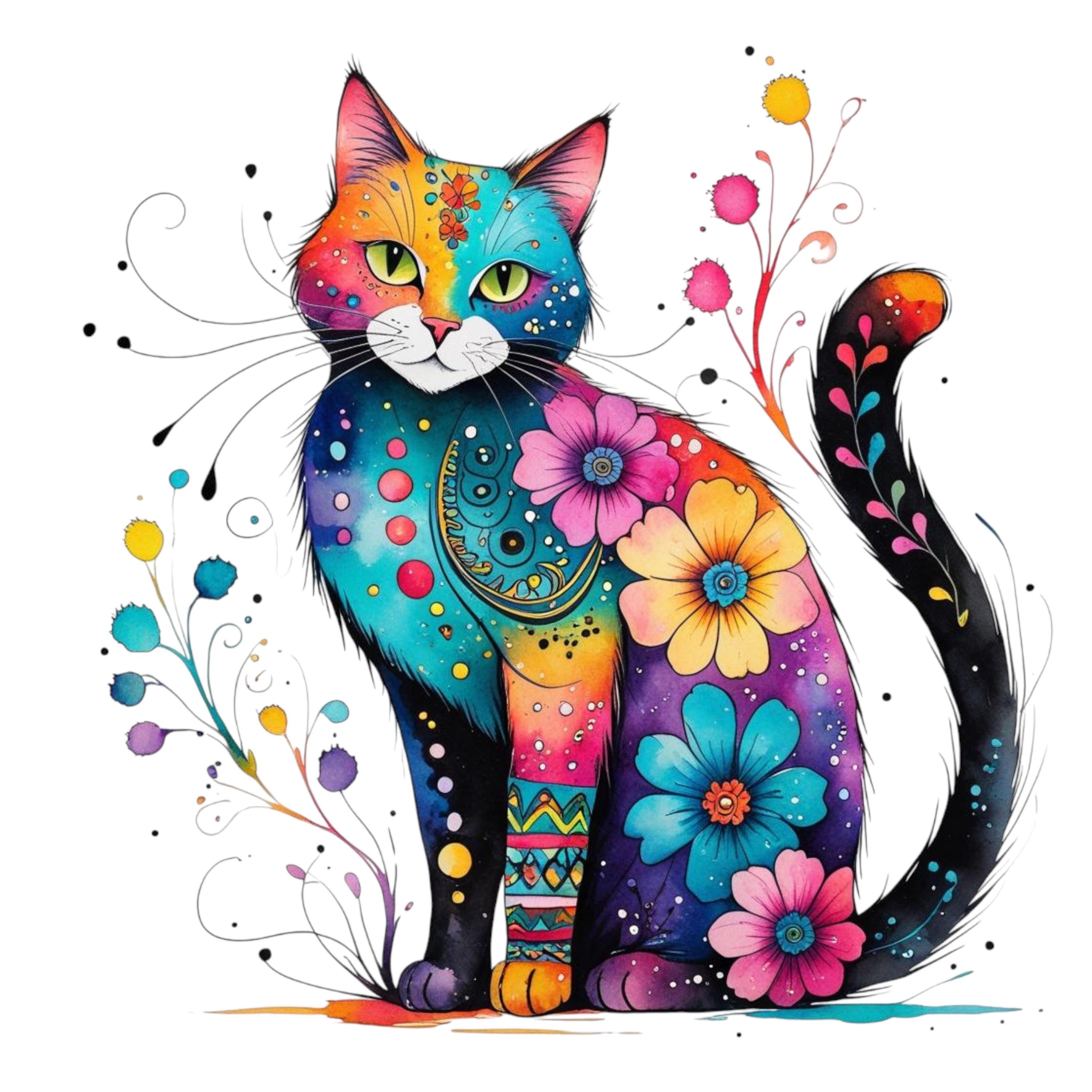 フォークアート風猫のイラスト：気まぐれなボヘミアン風クリップアート