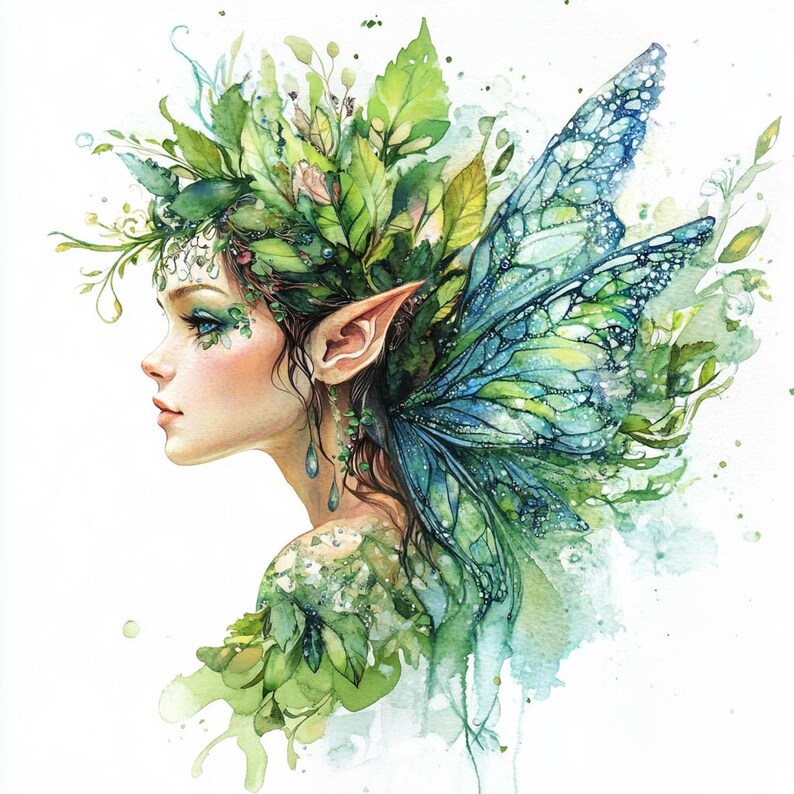 20 Watercolor Green Fairy Clipart: Forest Magic PNG Bundle (digital ...