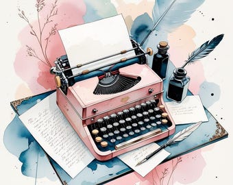Watercolor Typewriter Clipart: Vintage Stationery Art (Digital Download, Commercial Use OKAY