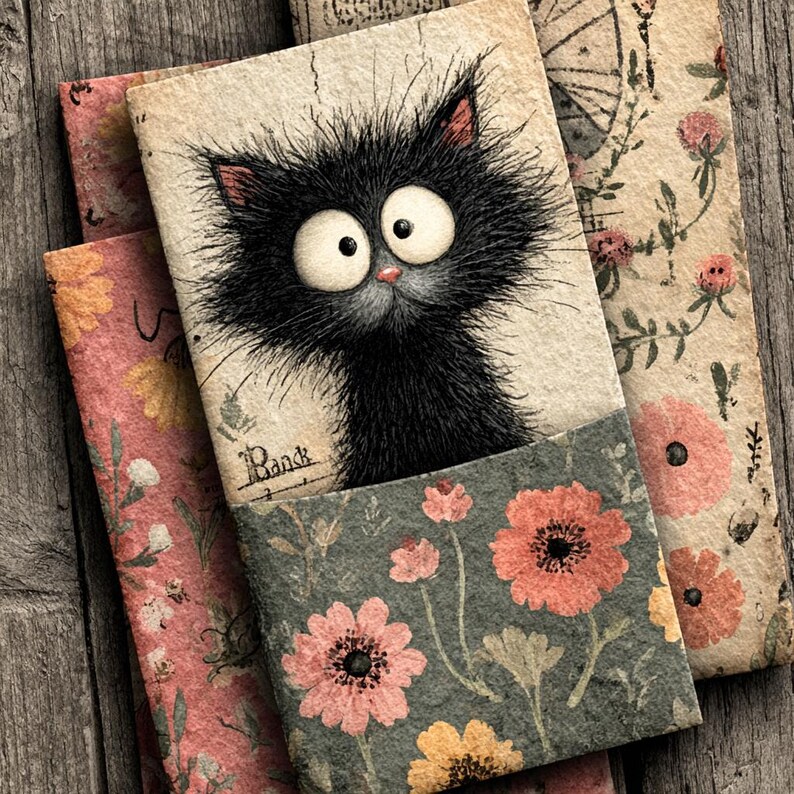 May include: A stack of decorative notebooks. The top notebook features a whimsical illustration of a black cat with large eyes. The cat is set against a vintage-style background. The notebook below has a floral pattern with pink and orange flowers.
