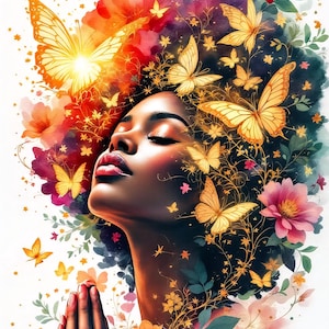 Puede incluir: Ilustración digital de una mujer con los ojos cerrados, adornada con mariposas y flores. La obra de arte presenta una paleta de colores vibrantes de naranja, amarillo, rosa y verde. El cabello de la mujer está adornado con mariposas y elementos florales.