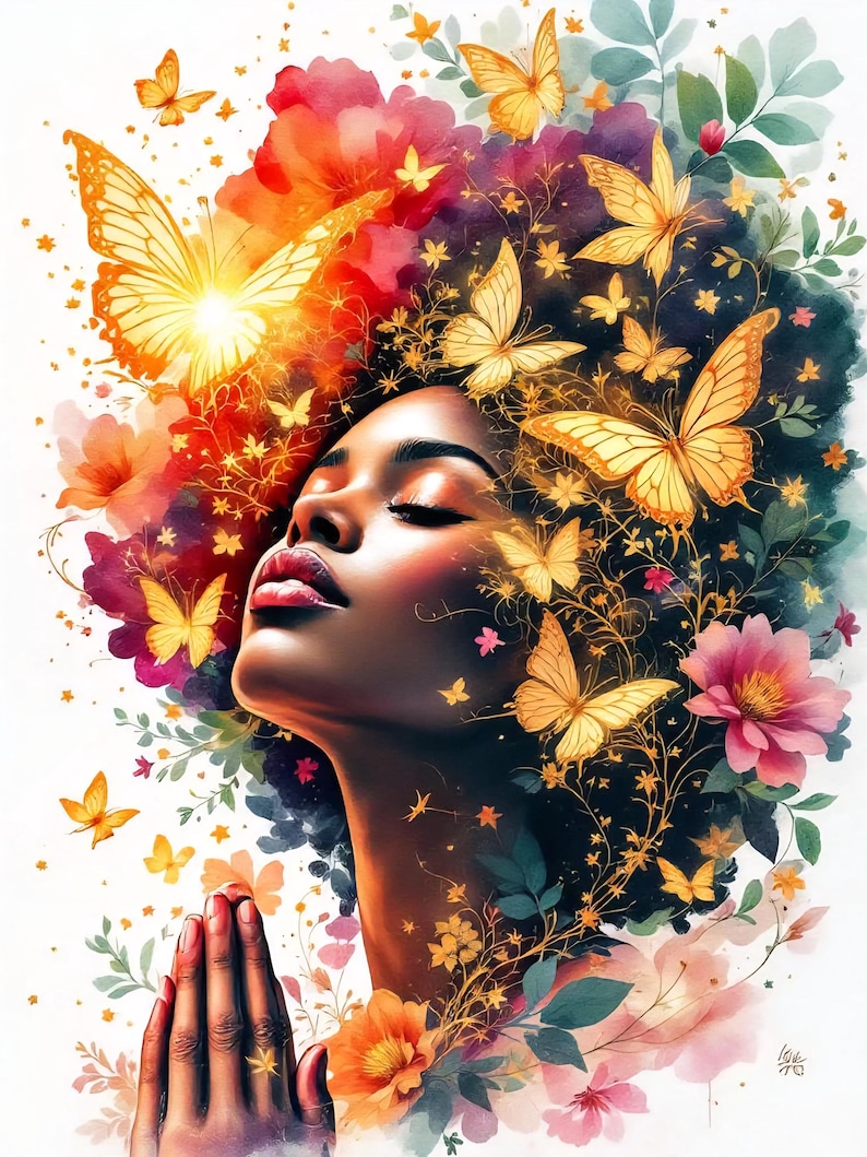 May include: Digital art of a woman with closed eyes, adorned with butterflies and flowers. The artwork features a vibrant color palette of orange, yellow, pink, and green. The woman's hair is styled with butterflies and floral elements, creating a whimsical and artistic composition.