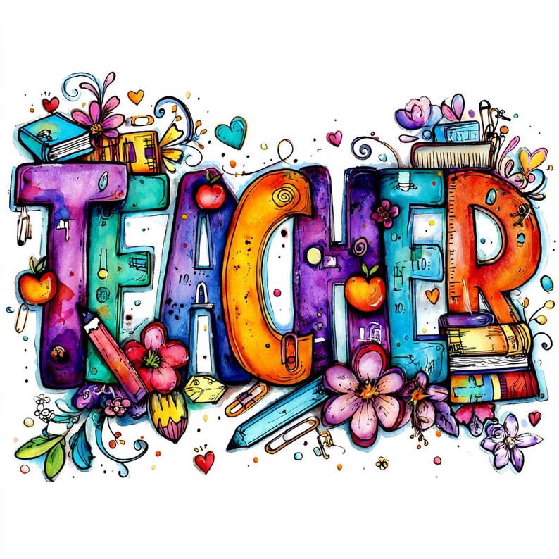 May include: Colorful watercolor illustration spelling out the word "TEACHER". The letters are filled with various colors and decorated with apples, pencils, flowers, books, and hearts. A vibrant design perfect for educational themes.