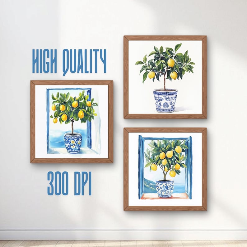 May include: Three framed watercolor prints of lemon trees in blue and white pots. The prints are in wooden frames and are displayed against a white wall. The text "HIGH QUALITY" and "300 DPI" are visible.