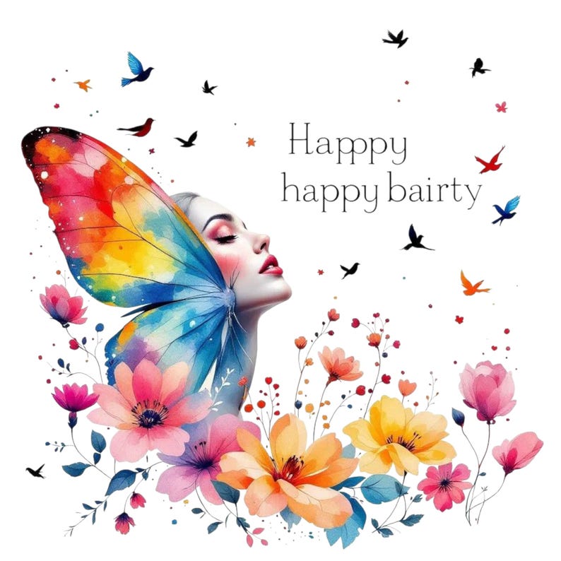 Może przedstawiać: Cyfrowa ilustracja kobiety ze skrzydłem motyla w wielu kolorach, kwiatami i ptakami. Skrzydło ma kolory tęczy. Tekst brzmi "Happy happy bairty".