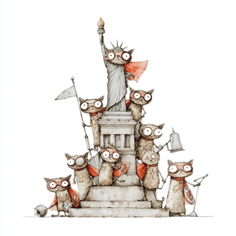 K&ouml;nnte beinhalten: Skurrile Illustration einer Gruppe von Katzen in Superhelden-Kost&uuml;men, die um eine Darstellung der Freiheitsstatue stehen. Die Katzen tragen Umh&auml;nge, Brillen und halten verschiedene Requisiten, was eine verspielte und patriotische Szene ergibt.