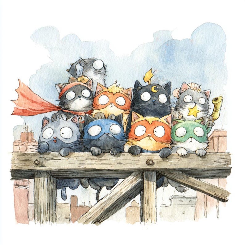 K&ouml;nnte beinhalten: Aquarellillustration einer Gruppe von Superhelden-Katzen. Die Katzen, mit verschiedenfarbigen Masken und Umh&auml;ngen, sitzen auf einer Holzkonstruktion, mit einer Stadtlandschaft und blauem Himmel im Hintergrund. Die Katzen haben gro&szlig;e, ausdrucksstarke Augen.