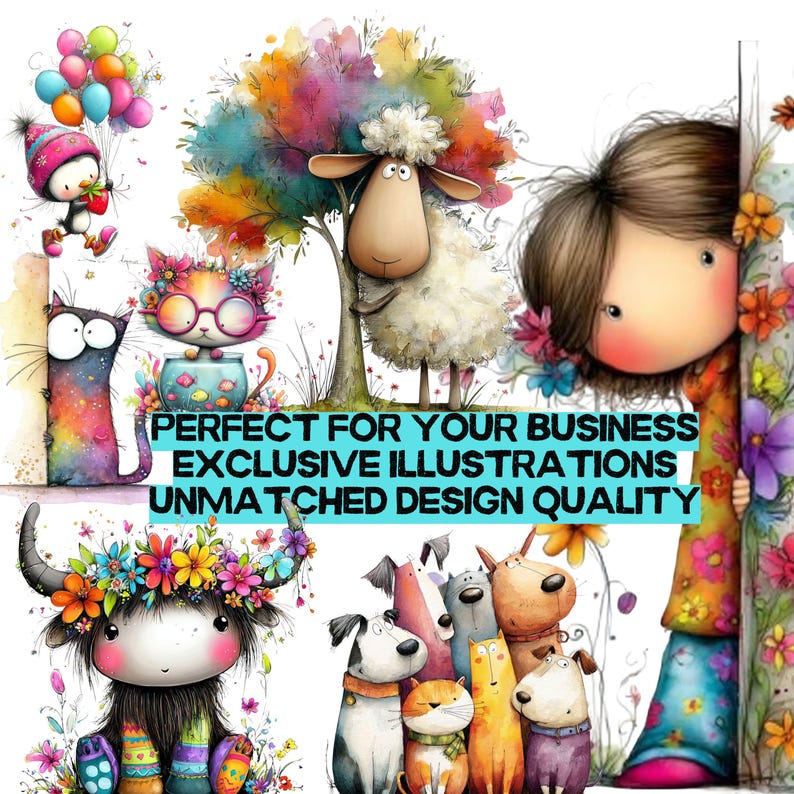 May include: A set of colourful watercolour illustrations featuring a sheep, cats, dogs, and a girl. The illustrations include text that reads "PERFECT FOR YOUR BUSINESS EXCLUSIVE ILLUSTRATIONS UNMATCHED DESIGN QUALITY."