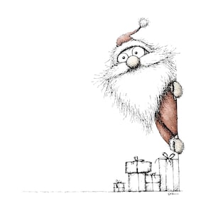 Puede incluir: Una ilustración caprichosa de Papá Noel asomándose por detrás de una esquina. Tiene una larga barba blanca, mejillas rosadas y un gorro rojo. Debajo, varios regalos envueltos, todos en blanco y negro.