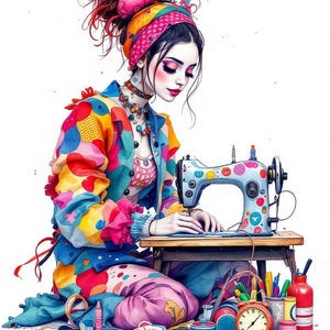 15 imágenes prediseñadas de costurera, arte de mujer con máquina de coser, dibujo de sastre peculiar, acuarela digital imprimible para manualidades y proyectos.