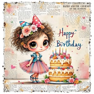 Joyeux anniversaire, fille fantaisiste vintage, téléchargement immédiat, téléchargement numérique, impression réutilisable à la maison, célébration colorée, nature imprimable