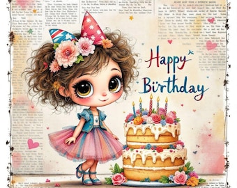Whimsical Birthday Girl Clipart: Quirky Cake Illustrations (Digital Printables)