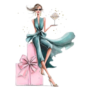 May include: Illustration of a woman in a teal dress, sunglasses, and gold heels, holding a martini glass with popcorn. She is leaning against a pink gift box with a large bow. Gold confetti dots the background.
