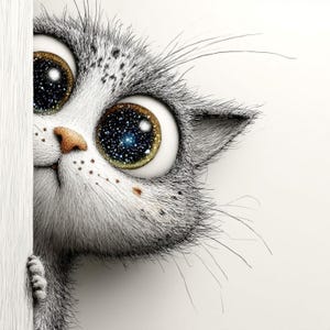 以下が含まれることがあります： 白い表面の後ろから覗く、グレーと白の猫の気まぐれなイラスト。猫は、銀河のデザインの大きな表現力豊かな目、茶色の鼻、小さなそばかすを持っています。毛皮は詳細で、猫の表情は好奇心旺盛です。