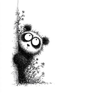 Peut inclure: Illustration en noir et blanc d'un panda regardant derrière un tronc d'arbre. Le panda a de grands yeux expressifs et un aspect duveteux. L'œuvre est détaillée, avec de petites fleurs et de l'herbe au pied de l'arbre, créant une scène fantaisiste.