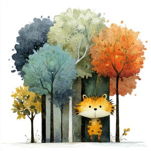 May include: A watercolour illustration of a cartoon tiger in a colourful forest. The trees are various colours, including blue, green, and orange. The tiger has orange and black stripes.