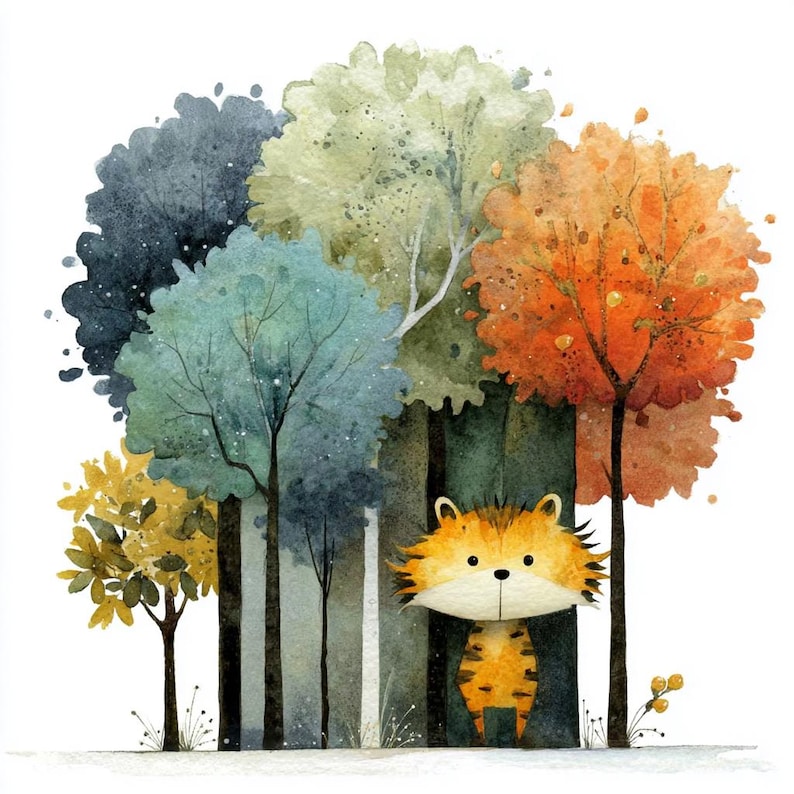 May include: A watercolour illustration of a cartoon tiger in a colourful forest. The trees are various colours, including blue, green, and orange. The tiger has orange and black stripes.
