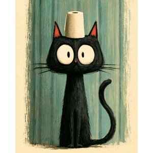 May include: A cartoon illustration of a black cat wearing a cylindrical hat. The cat has large, round eyes and a long tail. The background is a teal and cream striped pattern, creating a whimsical and playful image.
