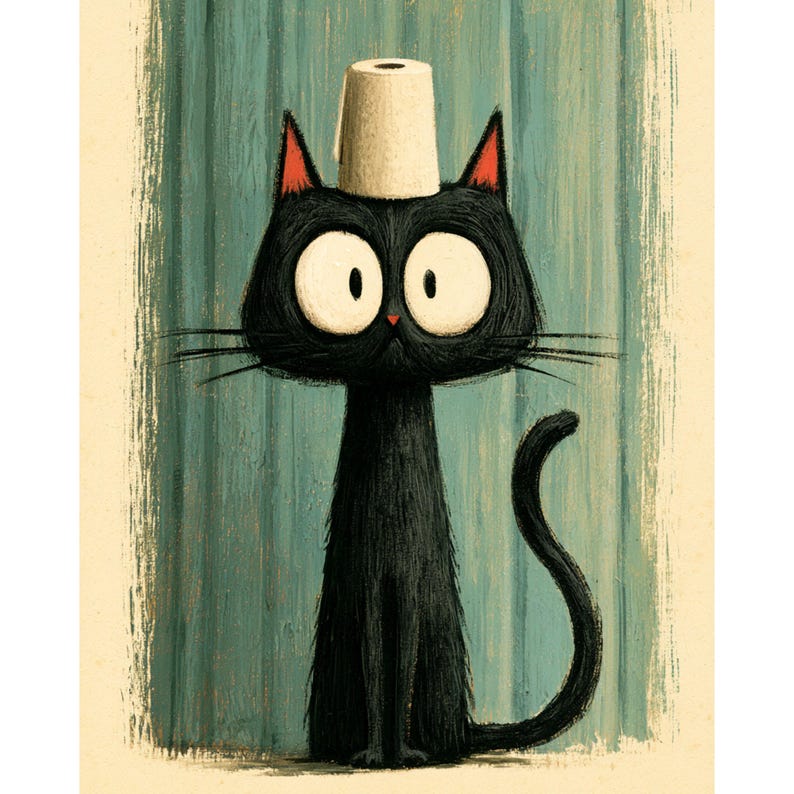 May include: A cartoon illustration of a black cat wearing a cylindrical hat. The cat has large, round eyes and a long tail. The background is a teal and cream striped pattern, creating a whimsical and playful image.