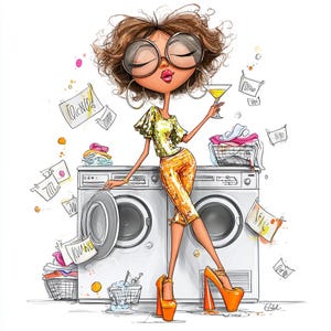 Puede incluir: Ilustración de una mujer con top amarillo y pantalón naranja, sosteniendo un cóctel, apoyada en una lavadora. Lleva gafas grandes y tacones naranjas. Cestas de lavandería y notas están esparcidas alrededor de la máquina.