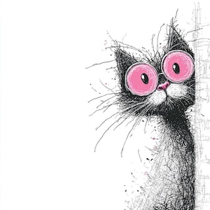 May include: A quirky illustration of a black cat with oversized, pink-rimmed eyes and a pink nose. The cat's fur is rendered with loose, sketchy lines, giving it a playful, hand-drawn look. The cat peeps out from behind a white surface.
