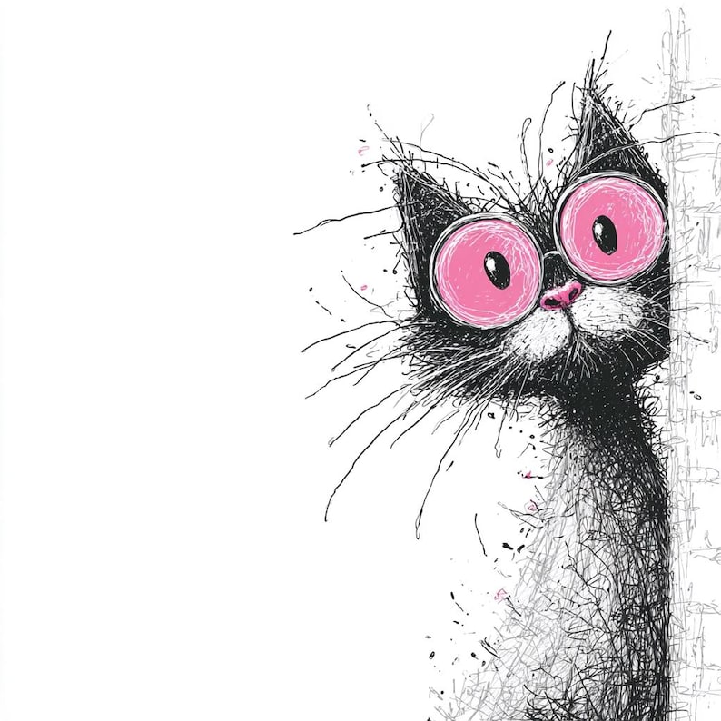 May include: A quirky illustration of a black cat with oversized, pink-rimmed eyes and a pink nose. The cat's fur is rendered with loose, sketchy lines, giving it a playful, hand-drawn look. The cat peeps out from behind a white surface.