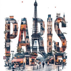 Puede incluir: Ilustración artística de París, con la Torre Eiffel y edificios parisinos integrados en la palabra "PARIS". La imagen muestra una escena callejera con gente, tiendas y una bicicleta, todo sobre un fondo blanco.