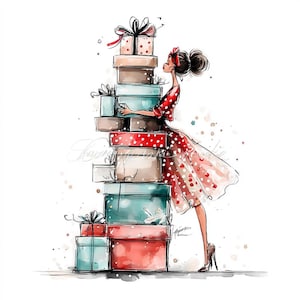 Puede incluir: Ilustración en acuarela de una mujer con un vestido rojo de lunares y una diadema a juego, sosteniendo una pila de cajas de regalo. Las cajas son de varios colores, incluyendo rojo, azul y marrón, y están atadas con lazos.