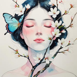 15 imágenes prediseñadas de rostros de mujer con líneas artísticas - Retrato femenino sereno con mariposa y flor de cerezo en formato JPG - Descarga digital de arte natural imprimible para decoración de paz