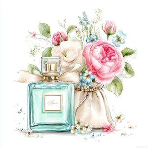 May include: Watercolor illustration of a turquoise perfume bottle with gold accents and the name "Zara" on the label. A bouquet of pink and white roses, blue and white flowers, and green leaves are behind the bottle.