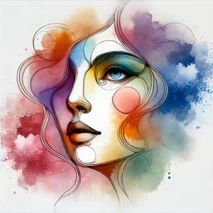 10 imágenes prediseñadas de rostros de mujer coloridos: acuarela abstracta de dama, delicado arte lineal, arte minimalista imprimible para diario basura de papel.