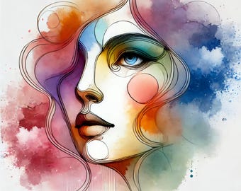 10 Colorful Woman Face Clipart – Colorful Abstract Lady Watercolor, Delicate Line Art, Minimalist Printable Art for Papercraft  Junk Journal