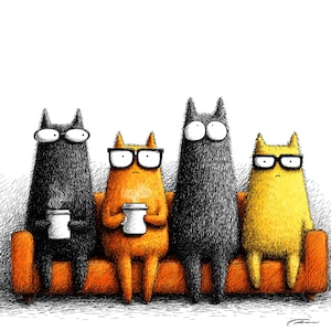 Może przedstawiać: Humorystyczna ilustracja przedstawia cztery antropomorficzne koty w okularach, trzymające filiżanki z parującą kawą, siedzące na pomarańczowej kanapie. Obraz, na białym tle, tworzy zabawną i przytulną scenę.